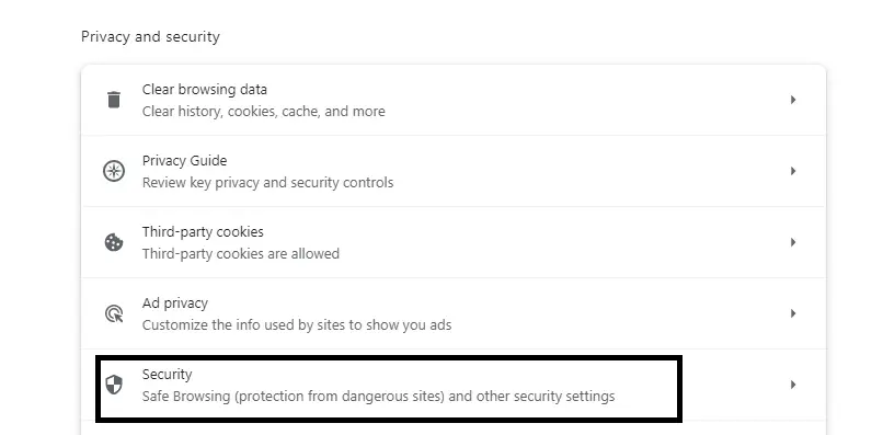 Privacy and Security option in Chrome browser